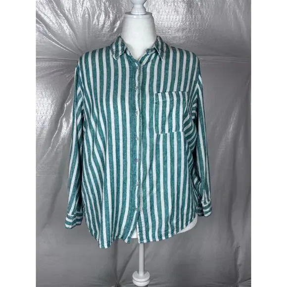 Universal Thread XXL Linen Blend Striped Button Down Shirt Green White Relaxed - Picture 1 of 10